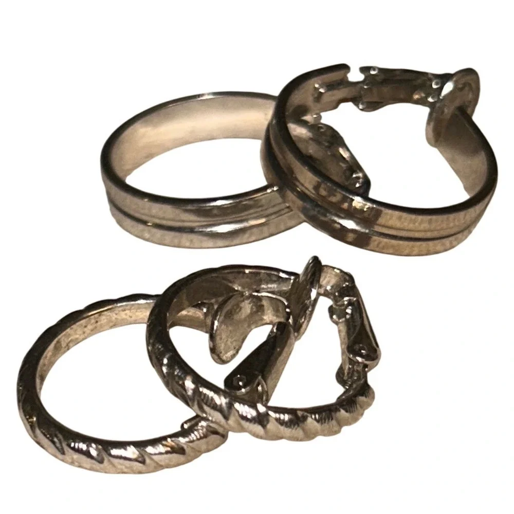 Silver Tone Clip On Hoop Earring Set 2 Pairs Twisted Rope and‎ Polished Smooth